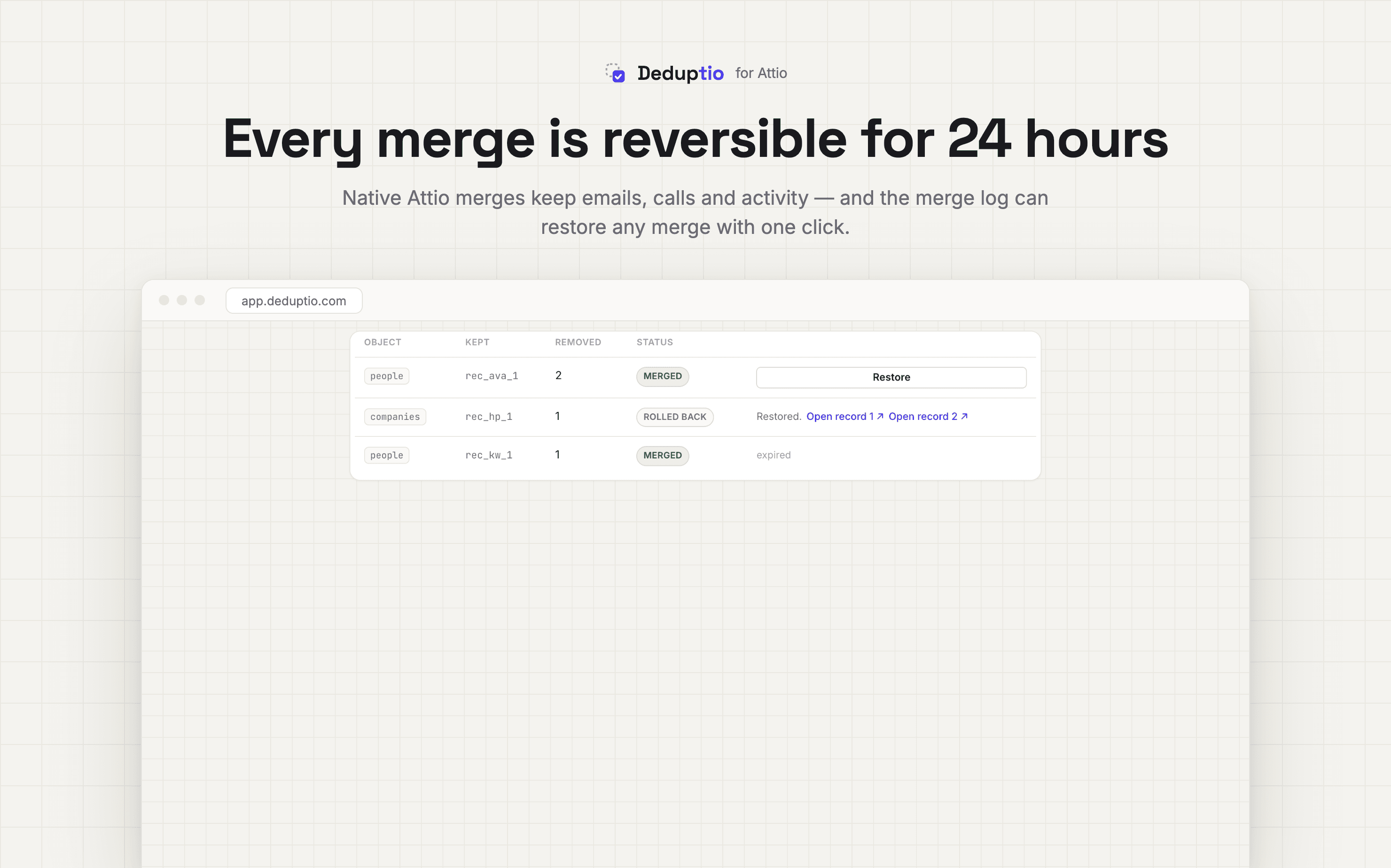 Deduptio merge history showing the rollback control for an Attio merge