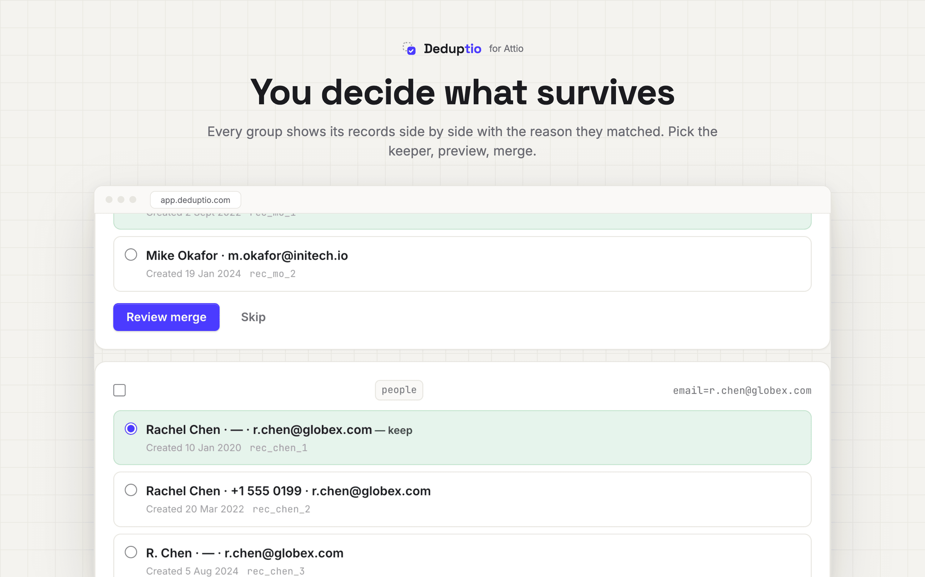 Deduptio merge review showing the proposed surviving Attio record and field decisions